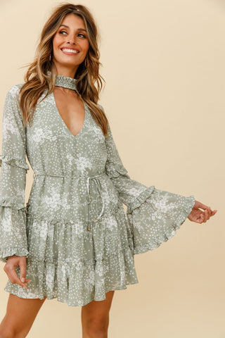 Tamina Long Sleeve Frill Trim Dress Floral Print Sage