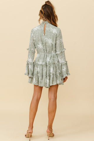 Tamina Long Sleeve Frill Trim Dress Floral Print Sage